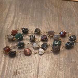 Vintage Multi-Color Agate Stone Wire Caged Wrapped Necklace